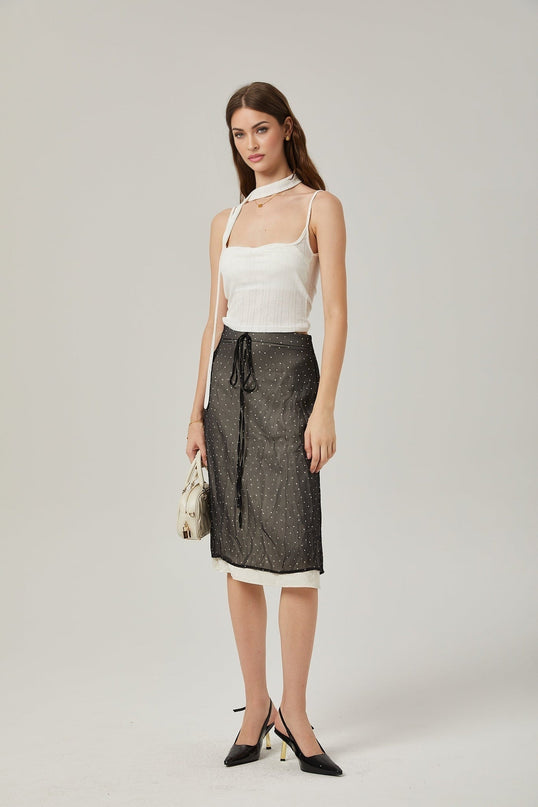Penelope Black Tie-Waist Color-Blocked Polka Dot Tulle Midi Skirt