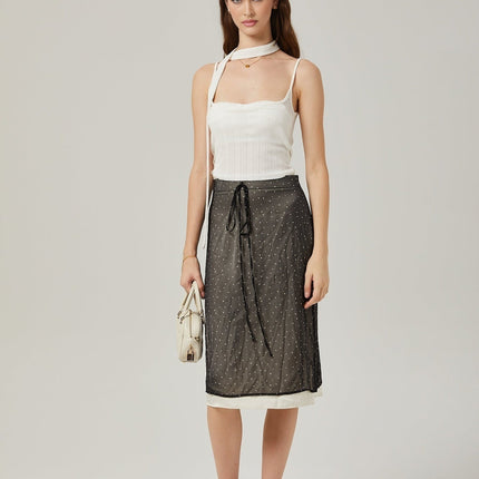 Penelope Black Tie-Waist Polka Dot Tulle Midi Skirt