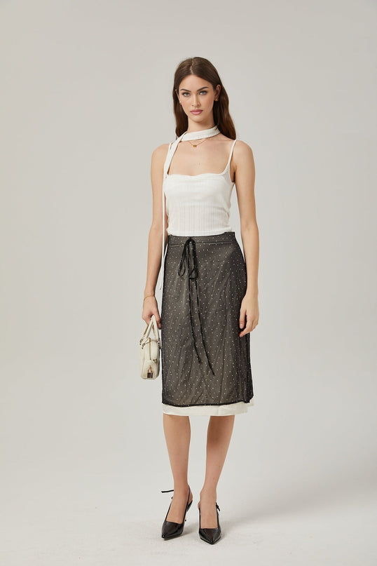Penelope Black Tie-Waist Polka Dot Tulle Midi Skirt