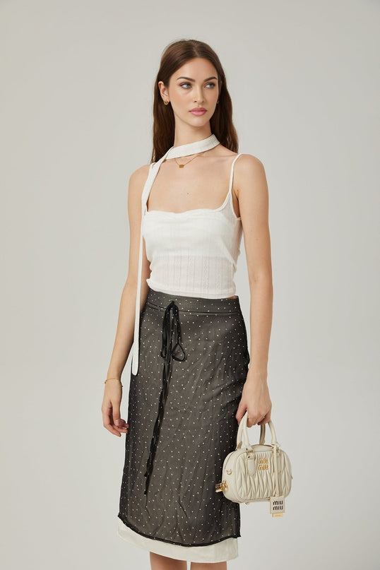 Penelope Black Tie-Waist Polka Dot Tulle Midi Skirt