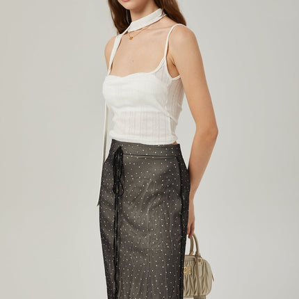 Penelope Black Tie-Waist Polka Dot Tulle Midi Skirt