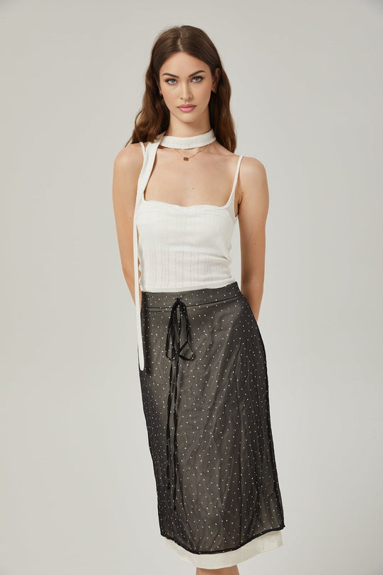 Penelope Black Tie-Waist Polka Dot Tulle Midi Skirt