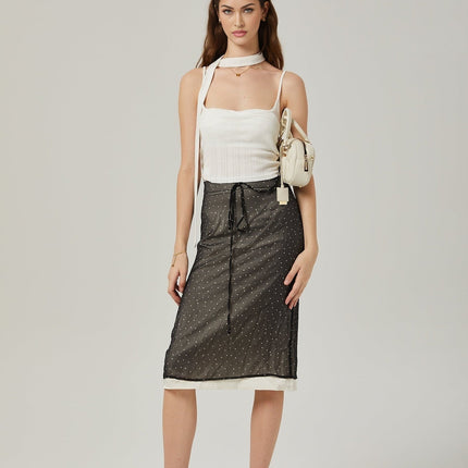 Penelope Black Tie-Waist Tulle Midi Skirt with Polka Dot Print