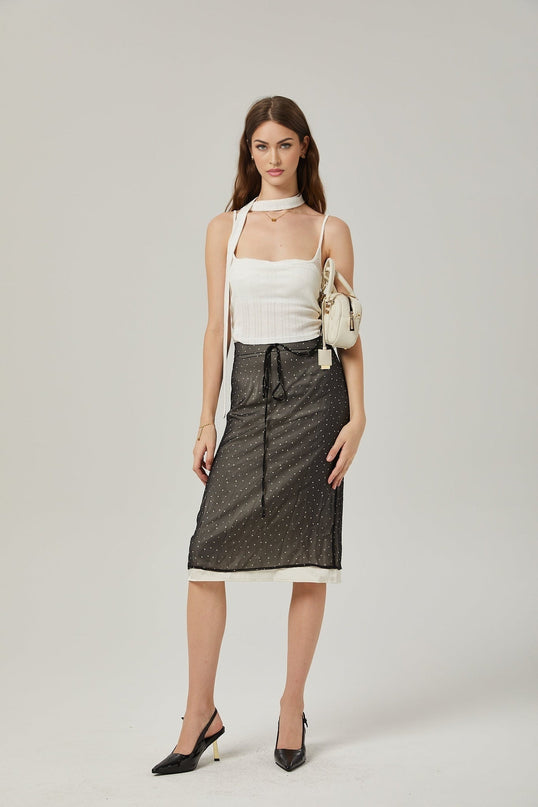 Penelope Black Tie-Waist Tulle Midi Skirt with Polka Dot Print