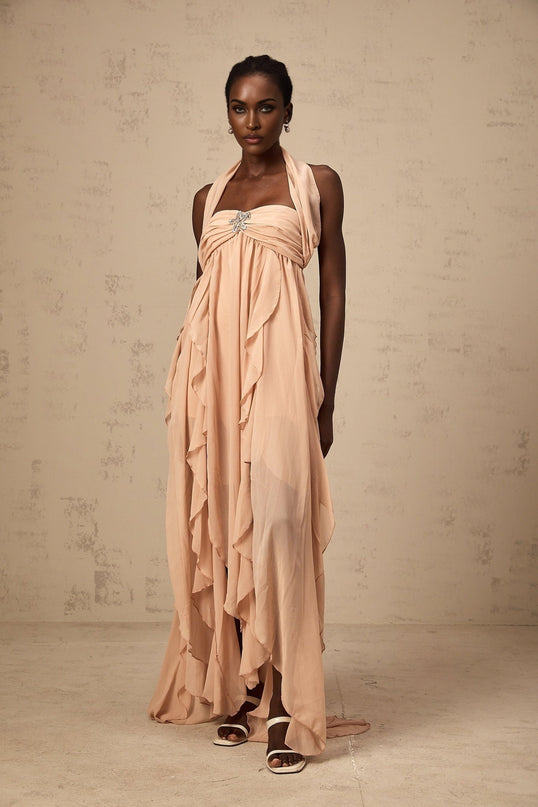 Penelope Pink Lace Diamond Embellished Halter Neck Maxi Dress