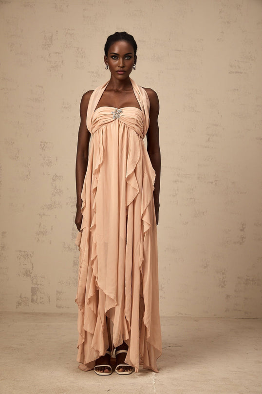 Penelope Pink Lace Maxi Dress with Diamond Embellishments