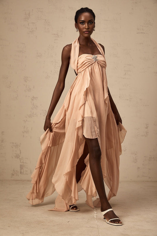 Penelope Pink Lace Halter Maxi Dress with Diamond Embellishments