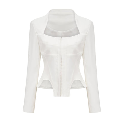 Penelope White Corset Top Long Sleeve Square Neck Boned Bodice Cropped Length