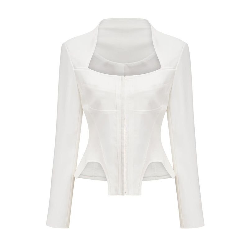 Penelope White Corset Top Long Sleeve Square Neck Boned Bodice Cropped Length