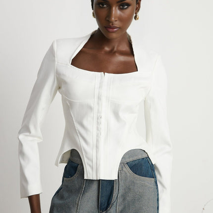 Penelope White Corset Top Long Sleeve Square Neck Boned Bodice Cropped Length