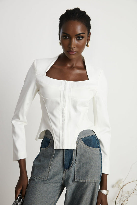 Penelope White Corset Top Long Sleeve Square Neck Boned Bodice Cropped Length