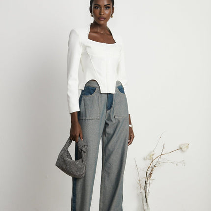 Penelope White Corset Top with Square Neck and Long Sleeves
