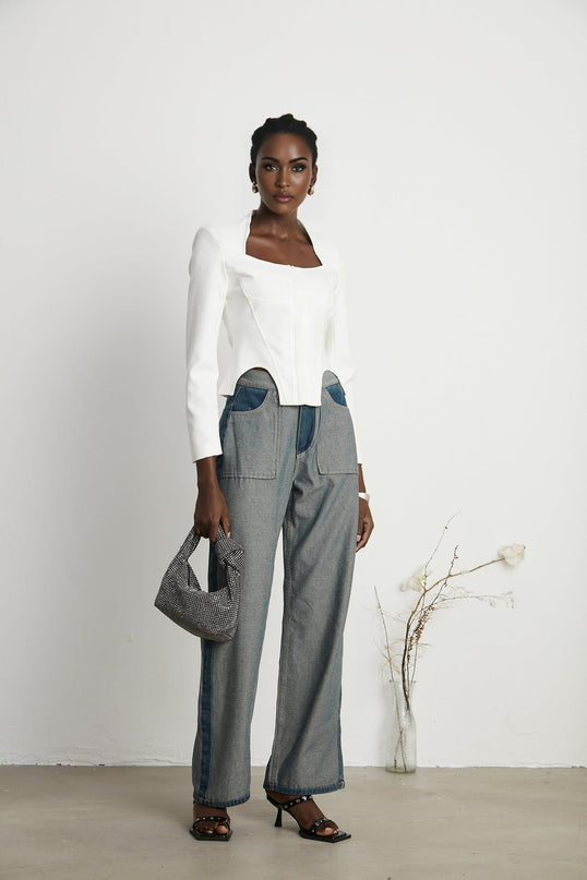 Penelope White Corset Top with Square Neck and Long Sleeves