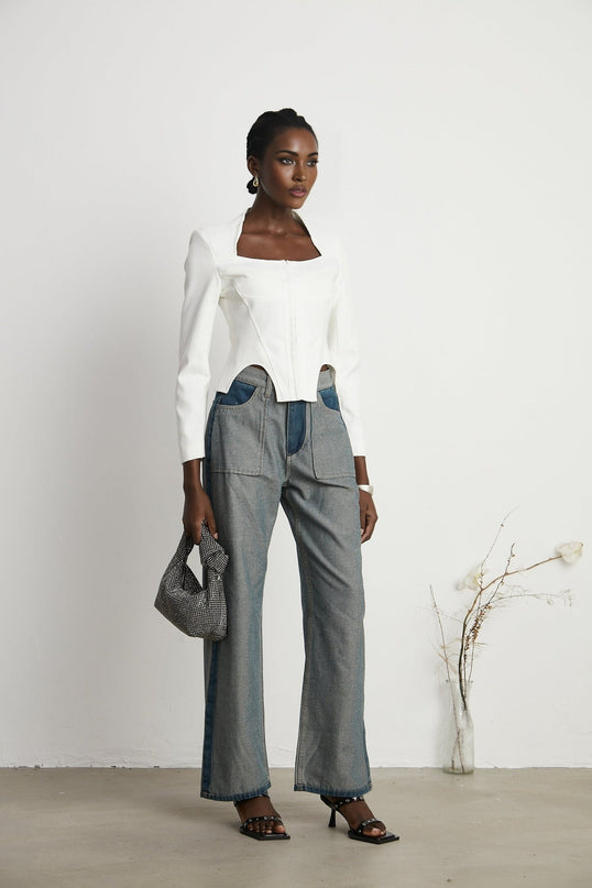 Penelope White Corset Top Square Neck Long Sleeve Boned Bodice Front Hook Curved Hem Cropped Length Cotton Spandex Blend