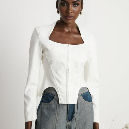 Penelope White Corset Top Long Sleeve Boned Bodice Square Neck Curved Hem Cropped Length Cotton Spandex Blend