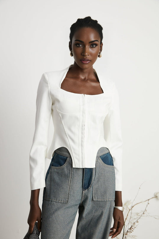Penelope White Corset Top Long Sleeve Boned Bodice Square Neck Curved Hem Cropped Length Cotton Spandex Blend