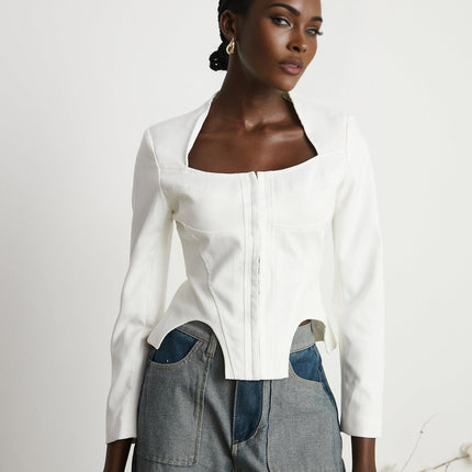 Penelope White Corset Top Long Sleeve Square Neck Boned Bodice Curved Hem Cropped Length