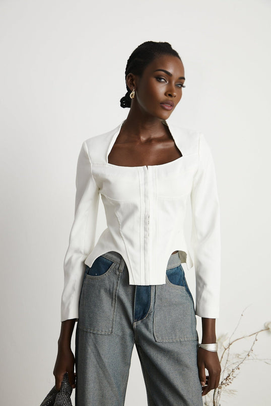 Penelope White Corset Top Long Sleeve Square Neck Boned Bodice Curved Hem Cropped Length