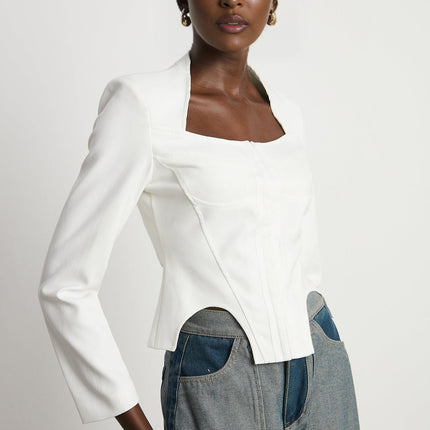 Penelope White Corset Top Long Sleeve Square Neck Boned Bodice Cropped Hem Cotton Spandex Blend
