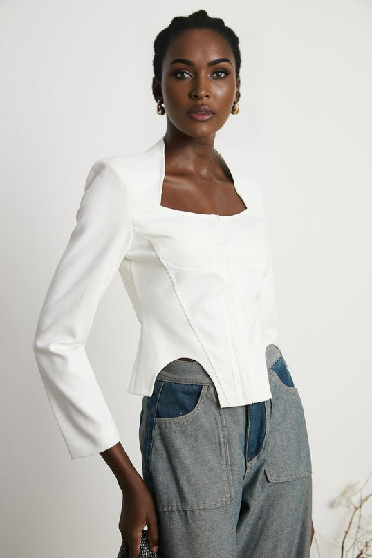 Penelope White Corset Top Long Sleeve Square Neck Boned Bodice Cropped Hem Cotton Spandex Blend