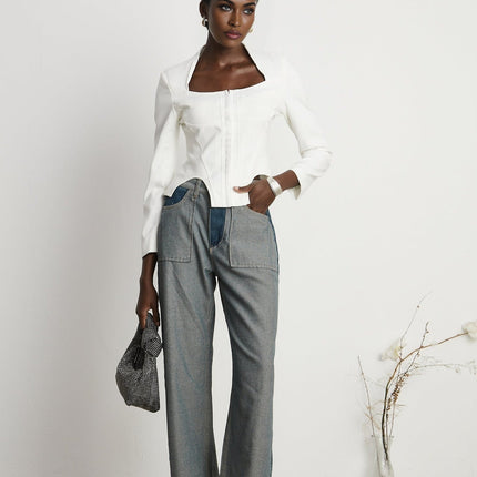 Penelope White Corset Top Long Sleeves Square Neck Boned Bodice Cropped Length Curved Hem Cotton Spandex Blend