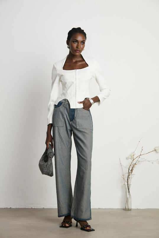 Penelope White Corset Top Long Sleeves Square Neck Boned Bodice Cropped Length Curved Hem Cotton Spandex Blend