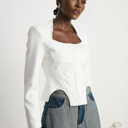 Penelope White Corset Top Long Sleeve Square Neck Boned Bodice Cropped Length Curved Hem Cotton Spandex Blend