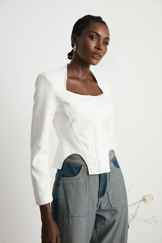 Penelope White Corset Top Long Sleeve Square Neck Boned Bodice Cropped Length Curved Hem Cotton Spandex Blend
