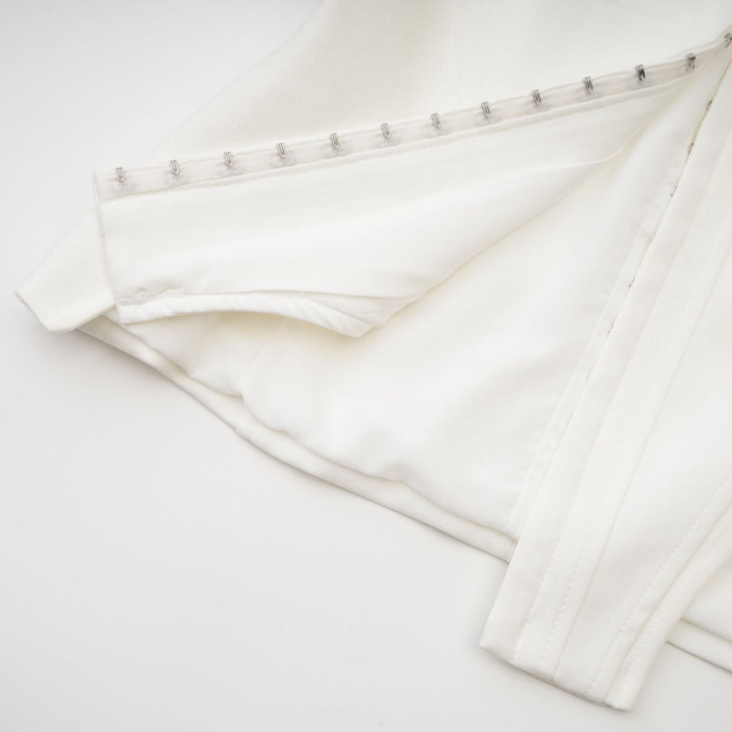 Penelope White Corset Top Long Sleeve Square Neck Boned Bodice Cropped Length Curved Hem Cotton Spandex Blend