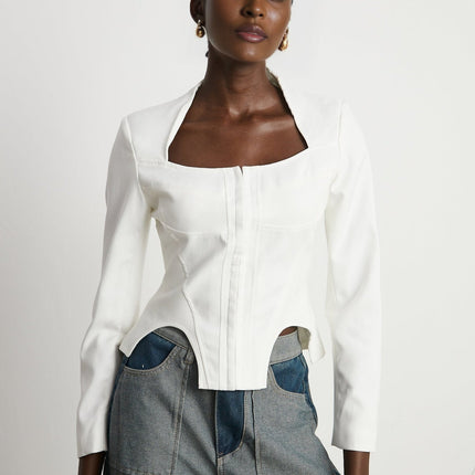 Penelope White Corset Top Long Sleeve Square Neck Boned Bodice Cropped Length Curved Hem Cotton Spandex Blend