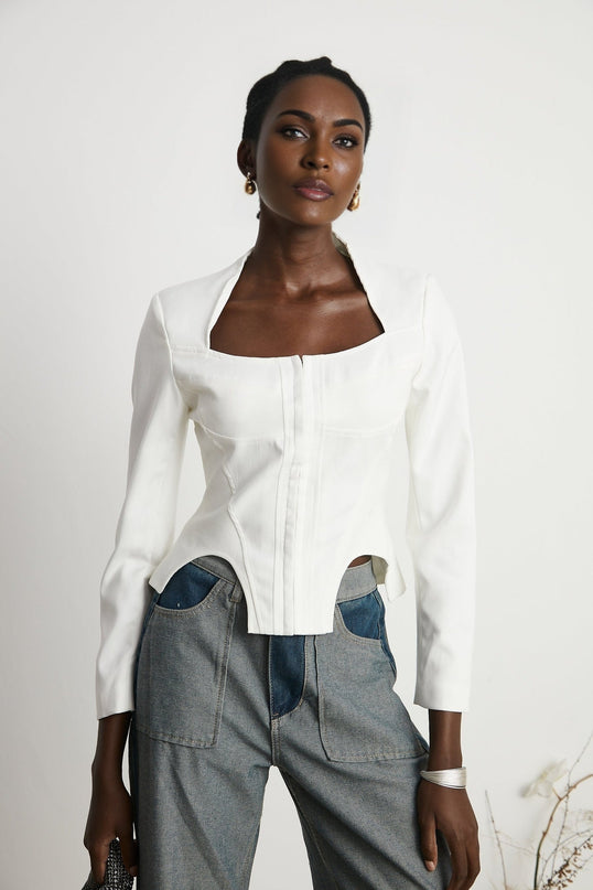 Penelope White Corset Top Long Sleeve Square Neck Boned Bodice Cropped Length Curved Hem Cotton Spandex Blend
