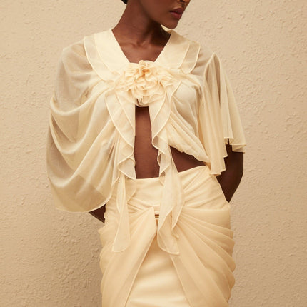 Penombre Neutral Ruched Tulle Top and Skirt Set in Neutrals
