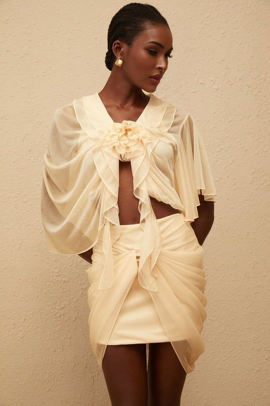 Penombre Neutral Ruched Tulle Top and Skirt Set in Neutrals