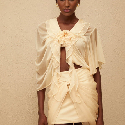 Penombre Neutral Ruched Tulle Top Skirt Set in Neutrals