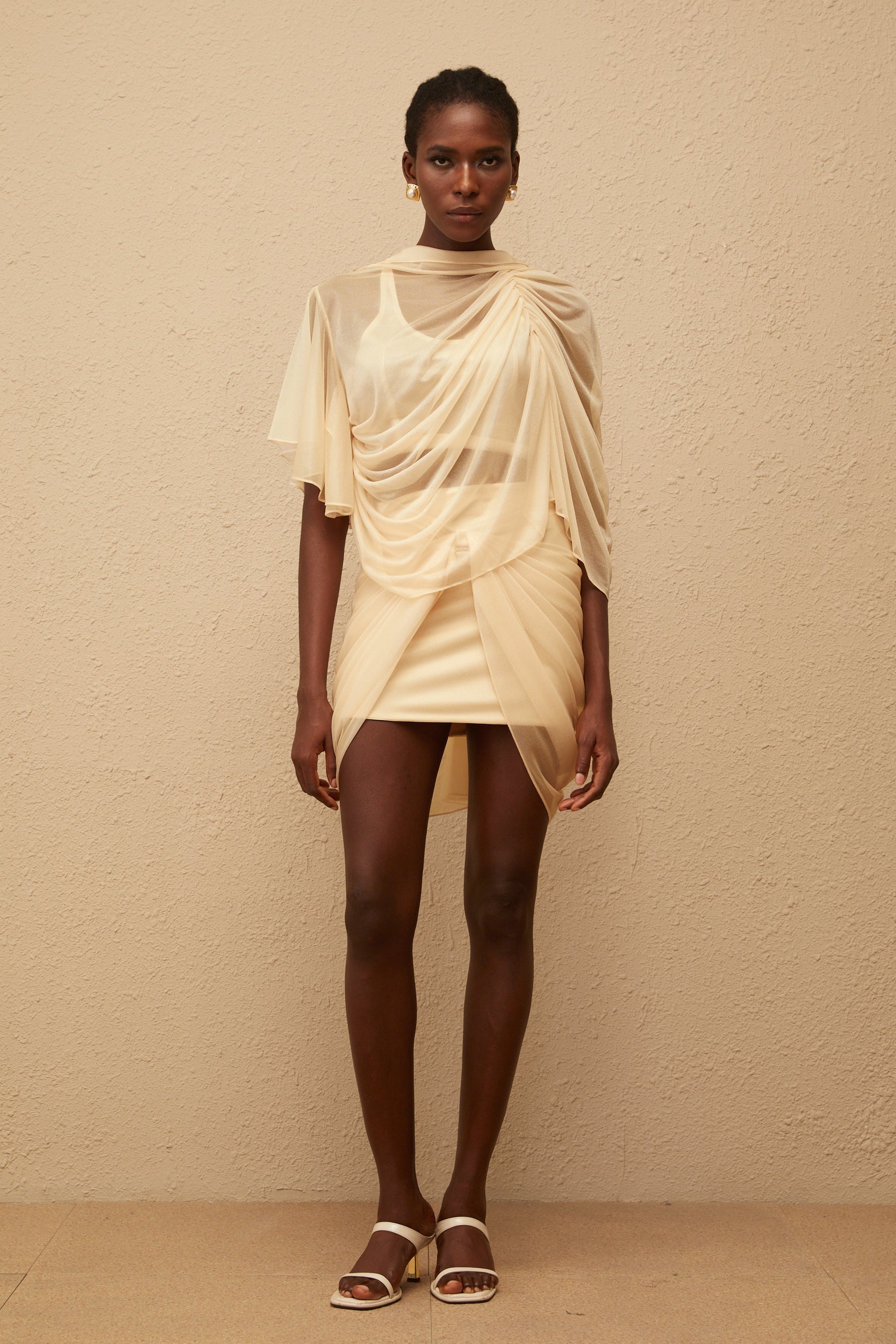 Pénombre Neutral Ruched Tulle Top  Skirt Set