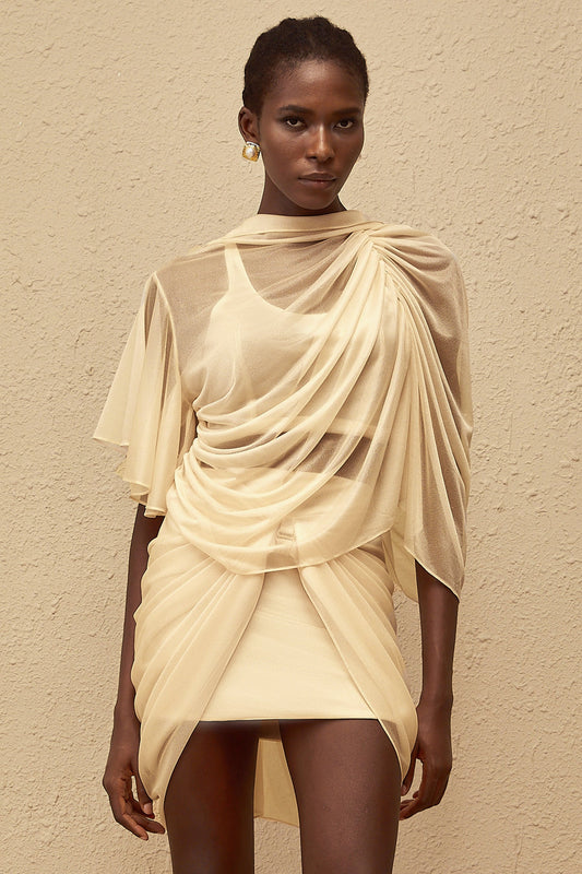Pénombre Neutral Ruched Tulle Top  Skirt Set