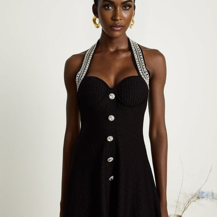 Perla Black Crystal Embellished Halterneck Bustier Mini Dress Knitted Construction Front Decorative Buttons
