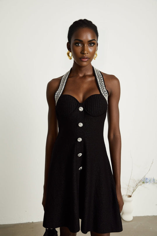Perla Black Crystal Embellished Halterneck Bustier Mini Dress Knitted Construction Front Decorative Buttons