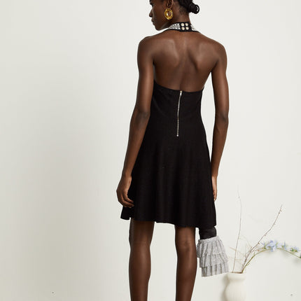 Perla Black Halterneck Bustier Crystal Embellished Knitted Mini Dress