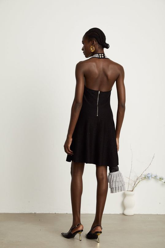 Perla Black Halterneck Bustier Crystal Embellished Knitted Mini Dress