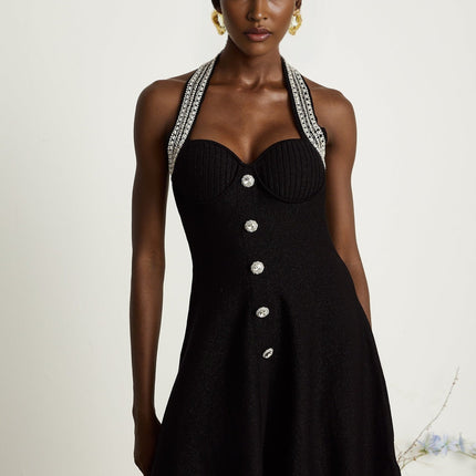Perla Black Halterneck Bustier Crystal Embellished Mini Dress Knitted Construction Front Decorative Buttons