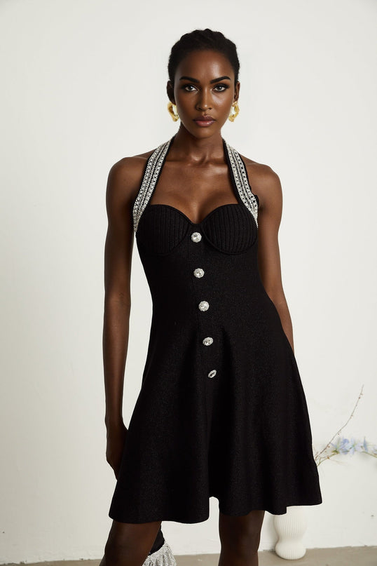 Perla Black Halterneck Bustier Crystal Embellished Mini Dress Knitted Construction Front Decorative Buttons