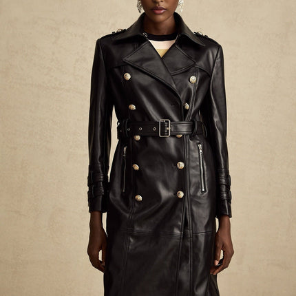 Perla Black Leatherette Double-Breasted Coat with Eyelet Embellishments and Belted Waist