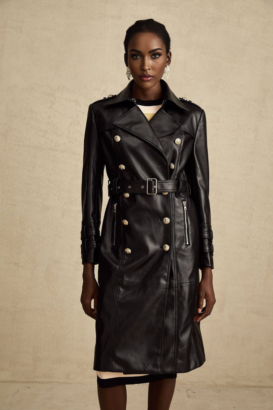 Perla Black Leatherette Double-Breasted Coat with Eyelet Embellishments and Belted Waist