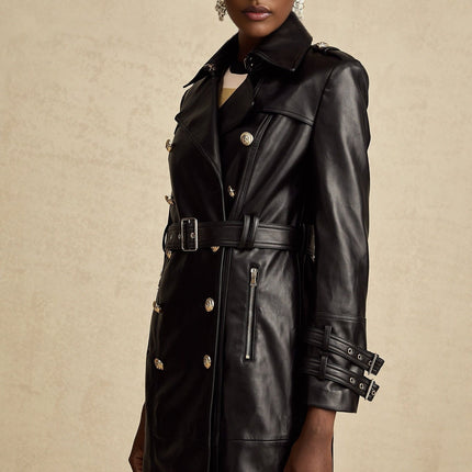 Perla Black Leatherette Double-Breasted Coat with Eyelet Embellishments and Belted Waist