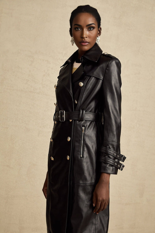 Perla Black Leatherette Double-Breasted Coat with Eyelet Embellishments and Belted Waist
