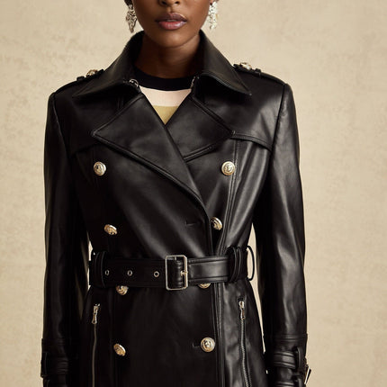 Perla Black Leatherette Double-Breasted Coat with Eyelet Embellishments and Belted Waist