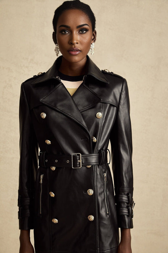 Perla Black Leatherette Double-Breasted Coat with Eyelet Embellishments and Belted Waist