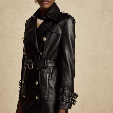 Perla Black Leatherette Double-Breasted Coat with Eyelet Embellishments and Belted Waist