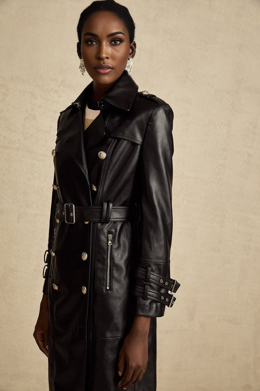 Perla Black Leatherette Double-Breasted Coat with Eyelet Embellishments and Belted Waist